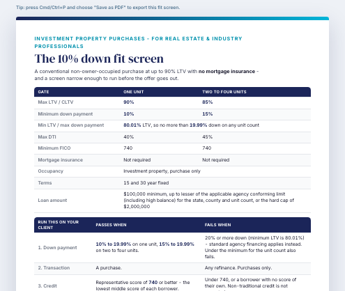 Investment property 10% down fit screen one-page summary